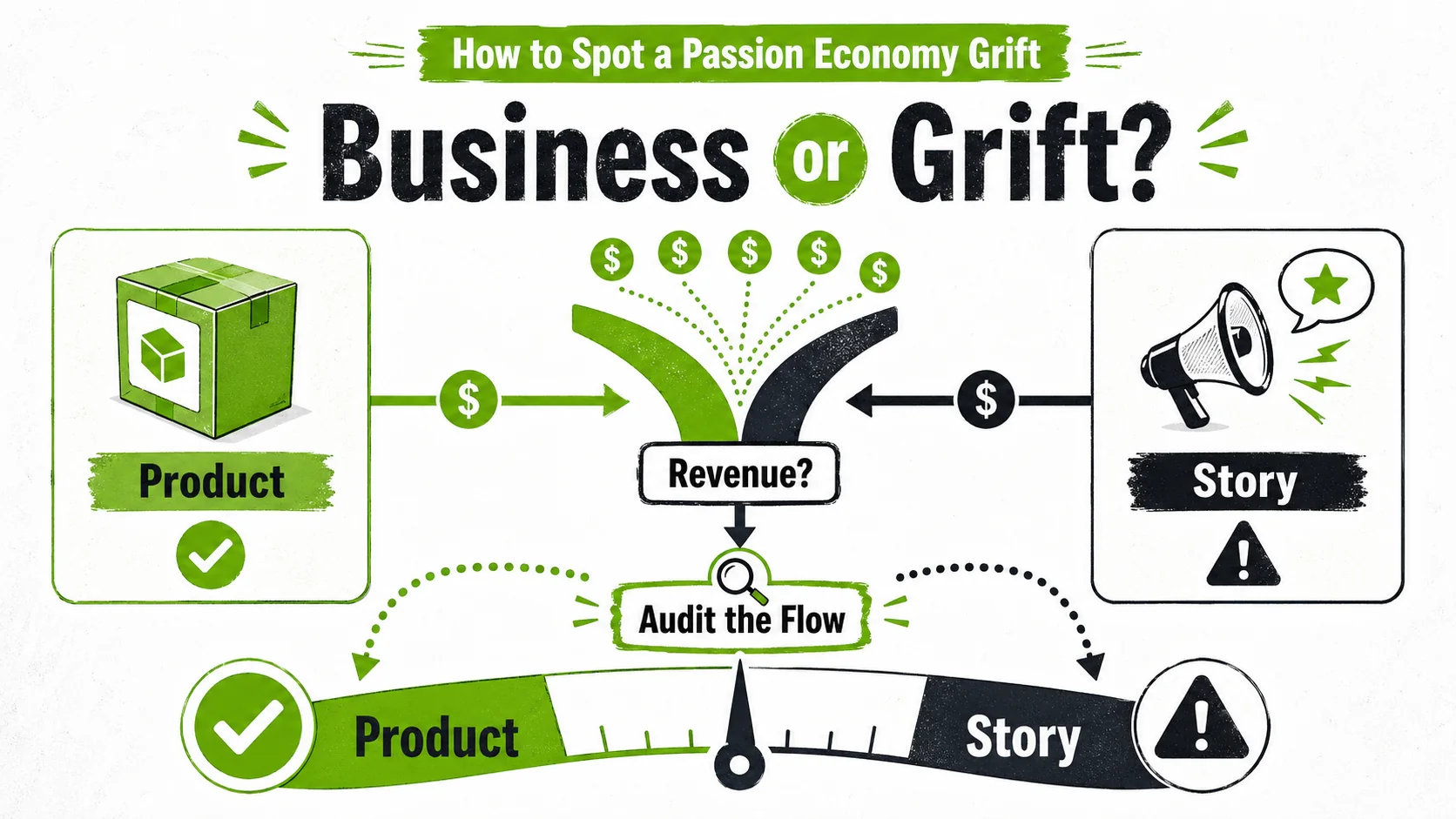 A flowchart titled 'Is It a Business or a Grift?' with questions like 'Does revenue come from the product or the story of the product?'
