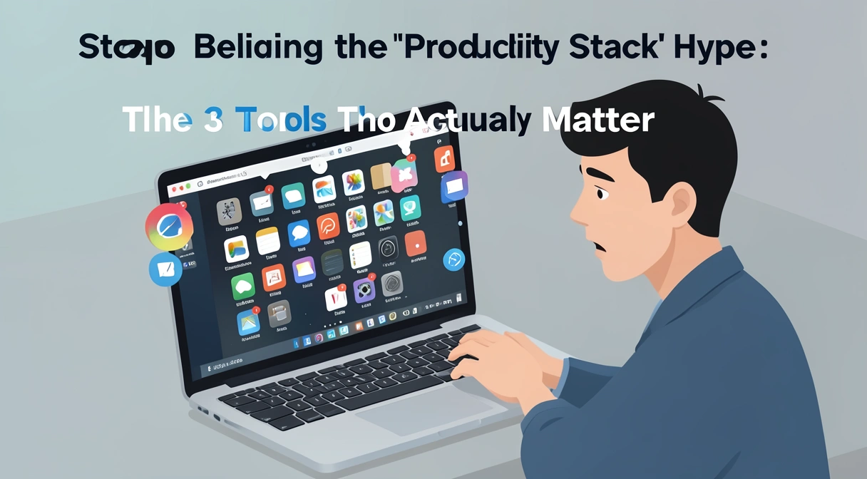 A person staring at a laptop screen covered in a chaotic, overlapping web of app icons, looking overwhelmed.