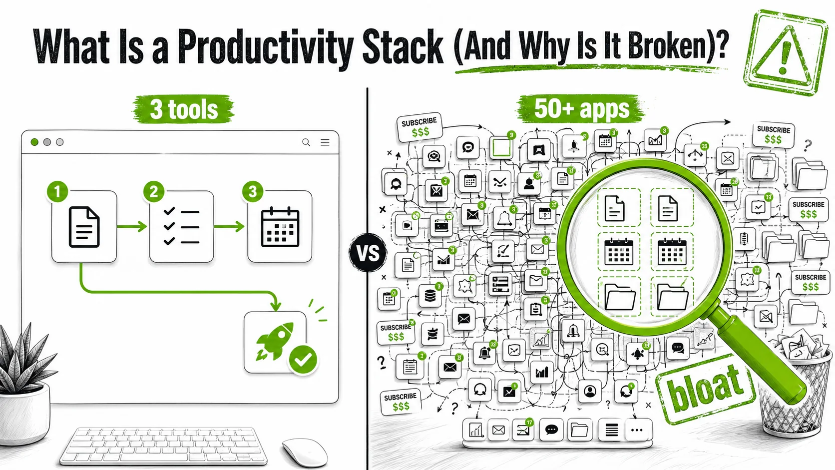 Side-by-side comparison: a clean, simple desktop with 3 icons vs. a cluttered desktop with 50+ app icons.
