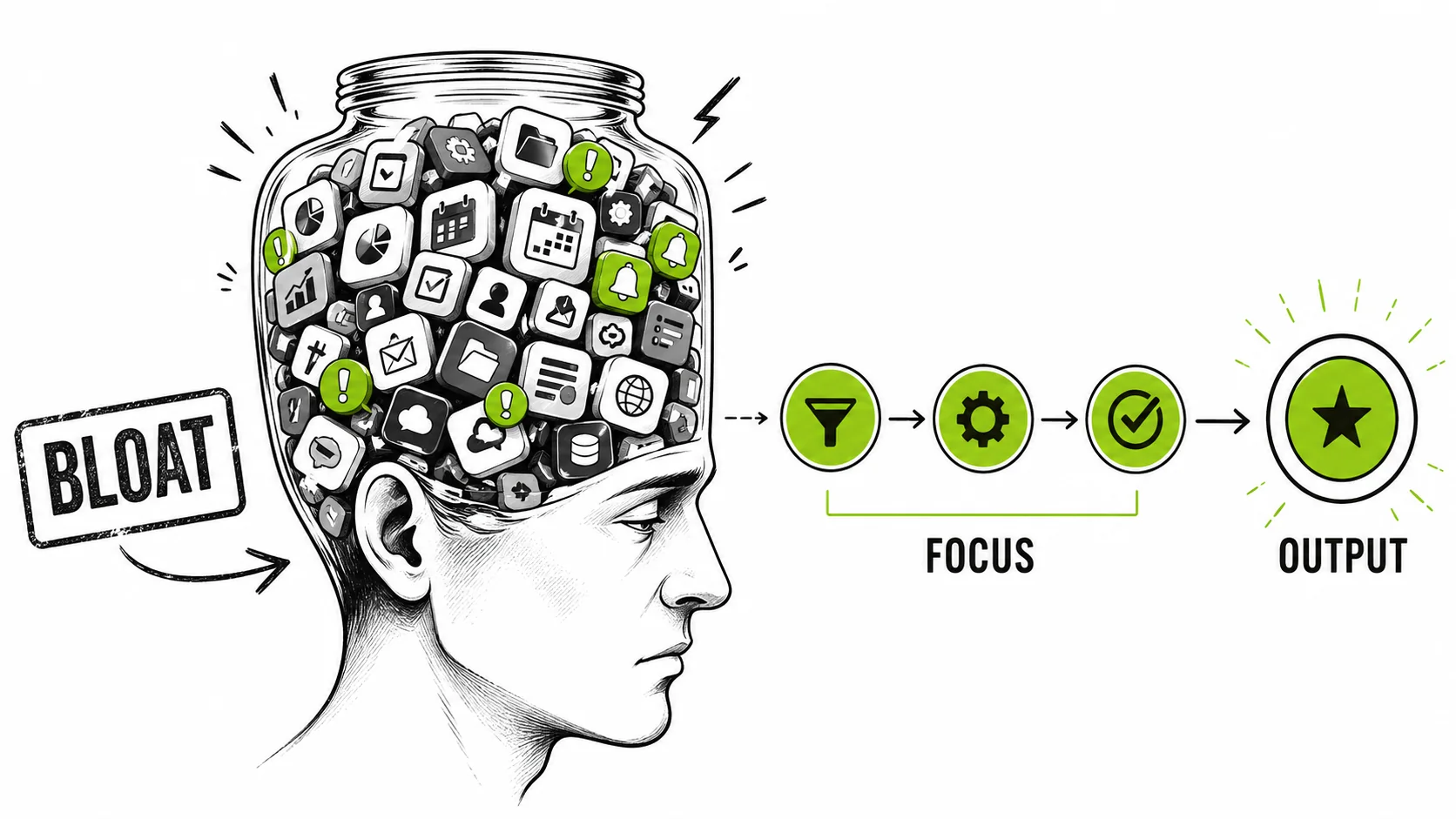 A person's head as a glass jar, filled to the brim with logos of SaaS apps like Slack, Notion, Asana, etc.