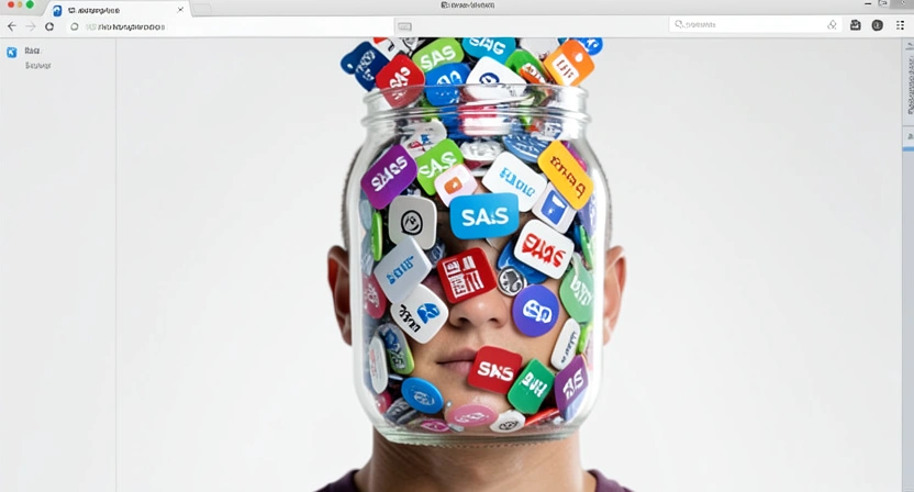 A person's head as a glass jar, filled to the brim with logos of SaaS apps like Slack, Notion, Asana, etc.