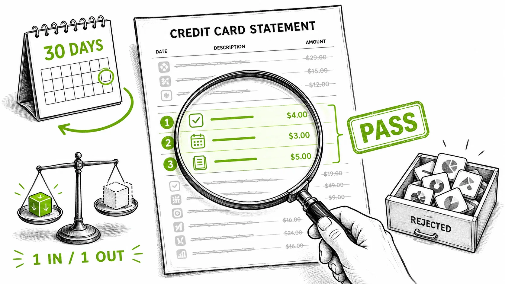 A hand holding a magnifying glass over a credit card statement, with only 3 line items highlighted.