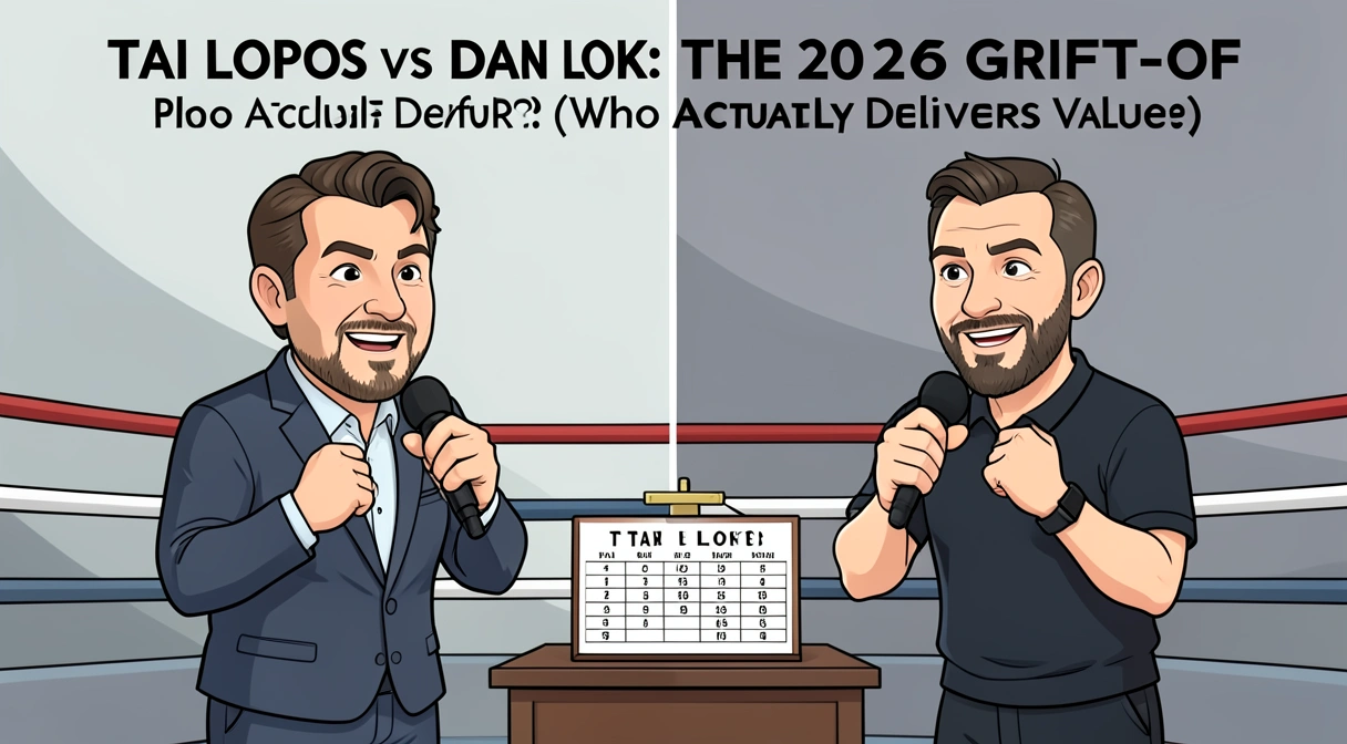 A split-screen image showing a caricature of Tai Lopez next to a Lamborghini and Dan Lok next to a stack of cash, with a judge's scorecard in the middle labeled