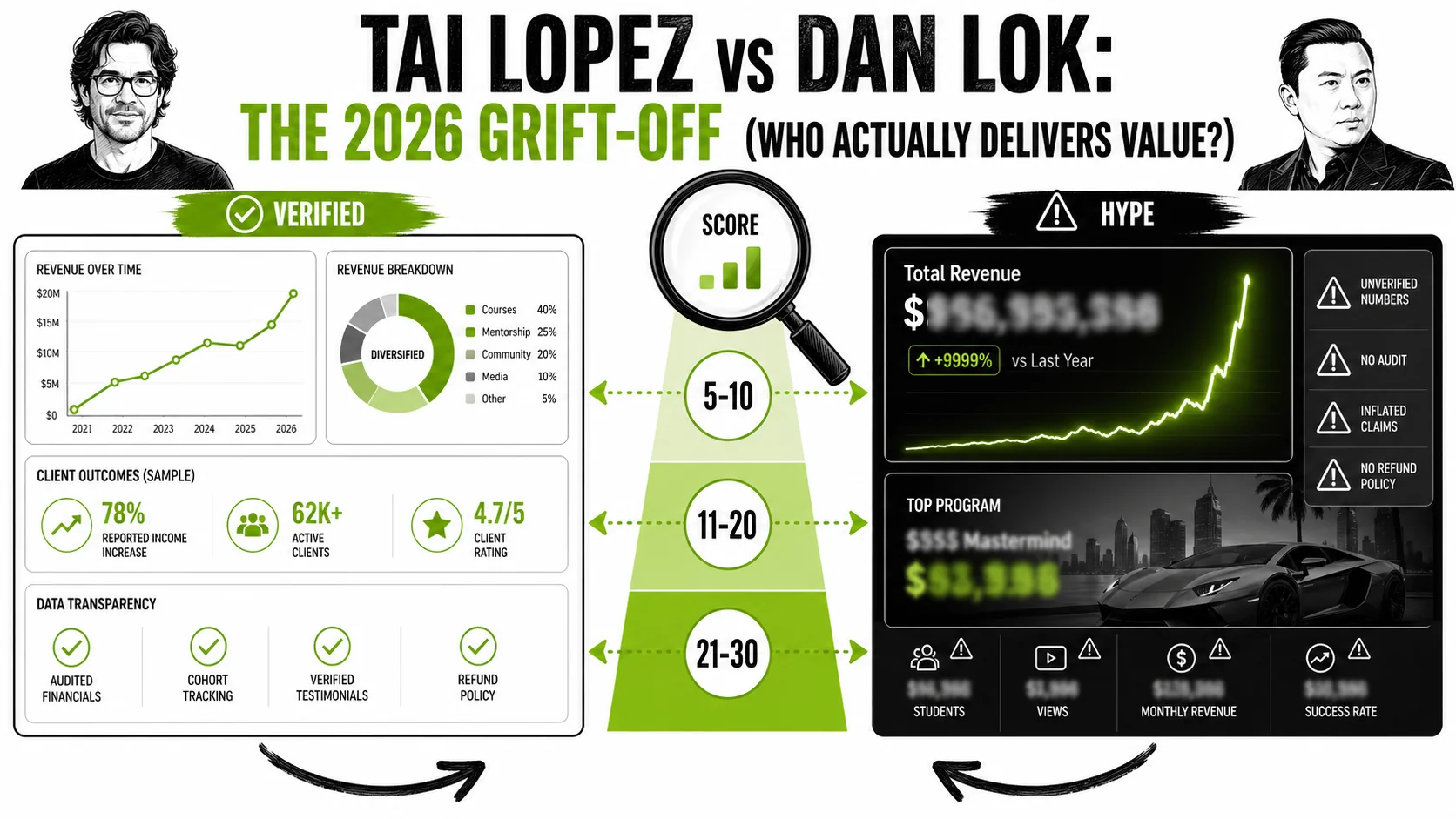 A side-by-side comparison of a real business dashboard (with analytics) and a fake guru revenue screenshot (with blurred numbers and a Lamborghini wallpaper)