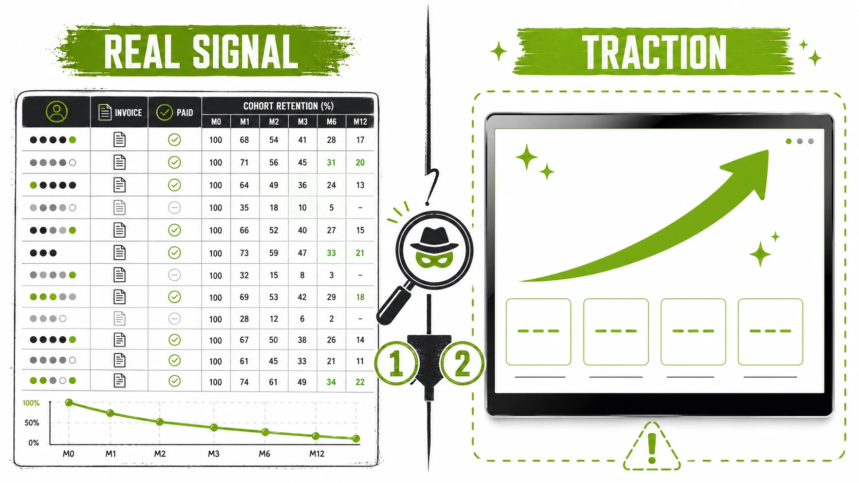 A split-screen image. Left side: a messy, authentic-looking spreadsheet with real customer data. Right side: a polished, generic keynote slide with a single upward arrow and the word 'Traction'.