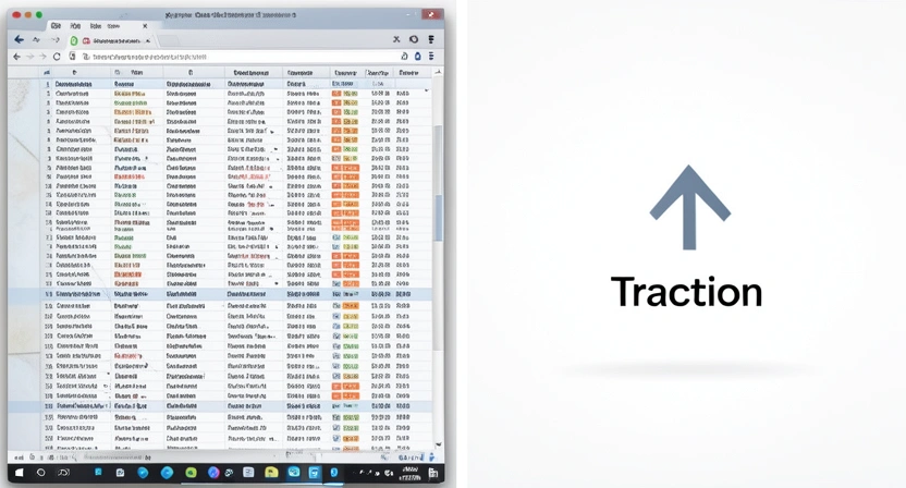 A split-screen image. Left side: a messy, authentic-looking spreadsheet with real customer data. Right side: a polished, generic keynote slide with a single upward arrow and the word 'Traction'.