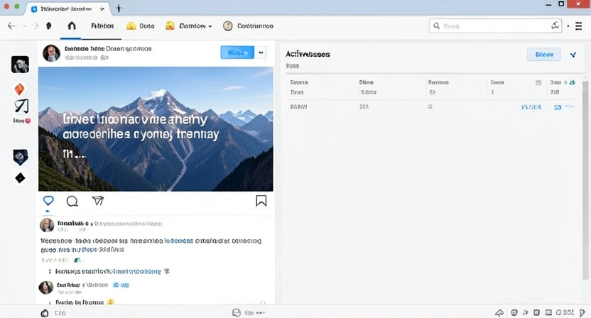 A cluttered social media feed showing a post with an inspirational quote over a mountain, next to a stark, empty analytics dashboard showing zero active users.