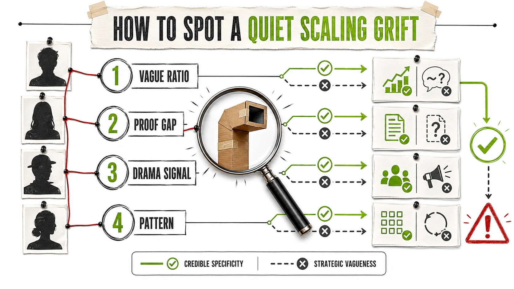 A detective's board with red string connecting photos of generic LinkedIn influencers to phrases like 'Strategic Pivot', 'Proprietary Algorithm', and 'Game-Changing'.