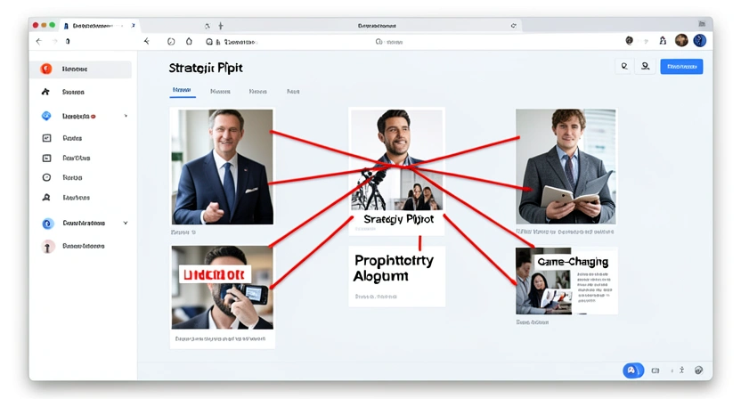 A detective's board with red string connecting photos of generic LinkedIn influencers to phrases like 'Strategic Pivot', 'Proprietary Algorithm', and 'Game-Changing'.