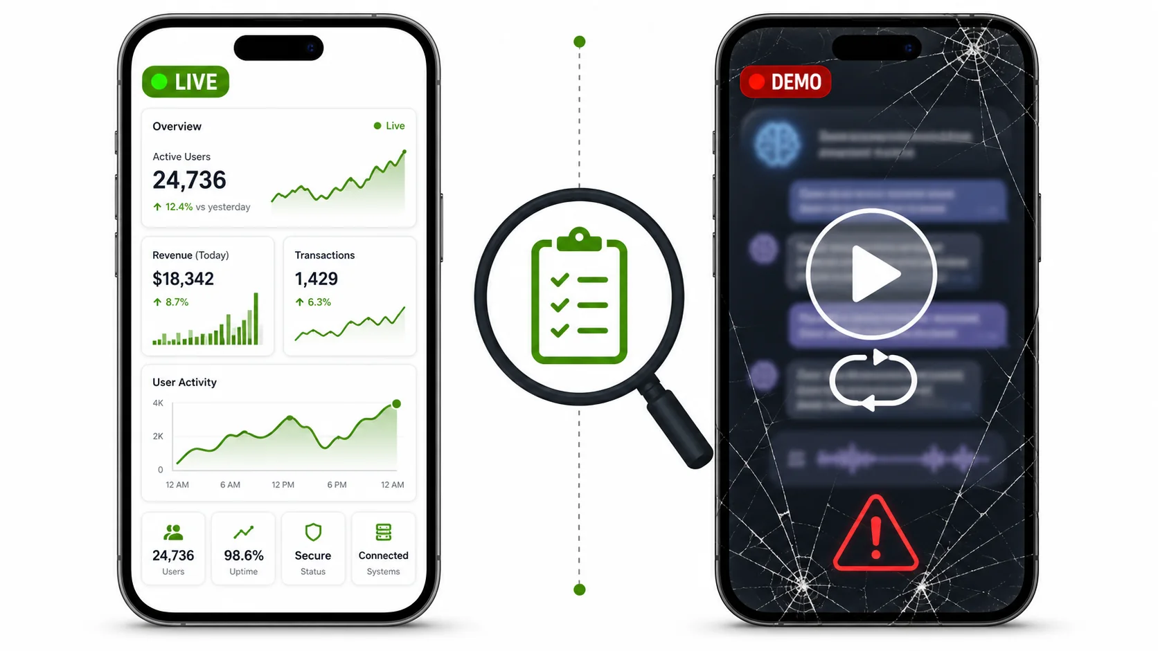 A side-by-side comparison: on the left, a clean legitimate app dashboard with real-time data; on the right, a blurry, pre-recorded 