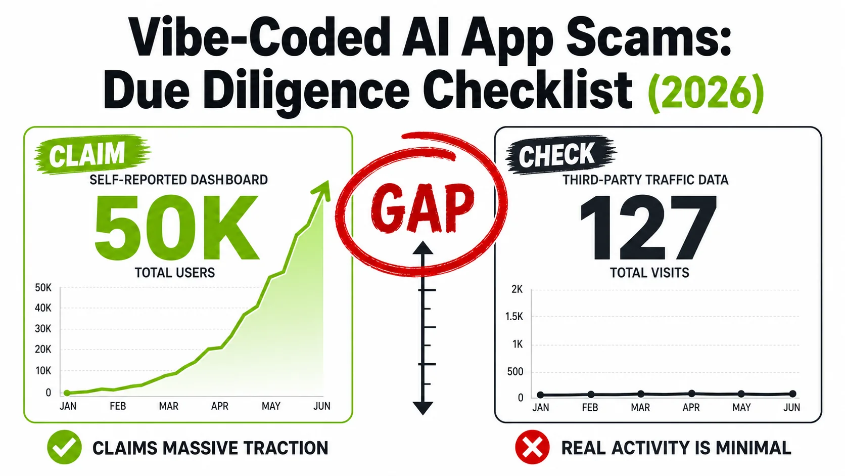 A dashboard showing claimed 50,000 users vs. a third-party tool revealing actual daily active users of 127, with the discrepancy circled in red marker
