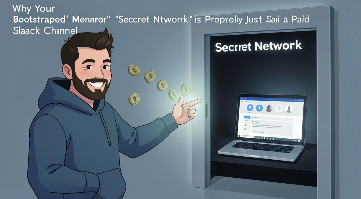 A satirical illustration of a slick, smiling guru in a hoodie pointing to a glowing 'Secret Network' door. Behind the door is just a dimly lit room with a single laptop open to a generic Slack workspace.