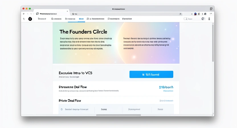 Screenshot of a slick sales page for 'The Founders Circle' with testimonials, a pricing table showing $199/month, and a countdown timer. The page promises 'Exclusive Intros' and 'Deal Flow'.