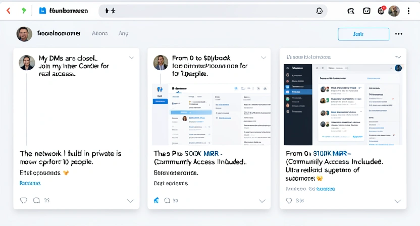 Screenshot of a LinkedIn feed showing multiple posts with headlines like 'My DMs are closed. Join my Inner Circle for real access.' and 'The network I built in private is now open for 10 people.'