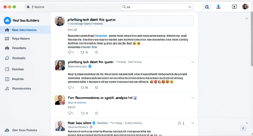 Screenshot of a curated Twitter List named 'Real SaaS Builders' showing a stream of thoughtful tweets about technical debt and customer interviews, contrasting with the hype-filled main feed.