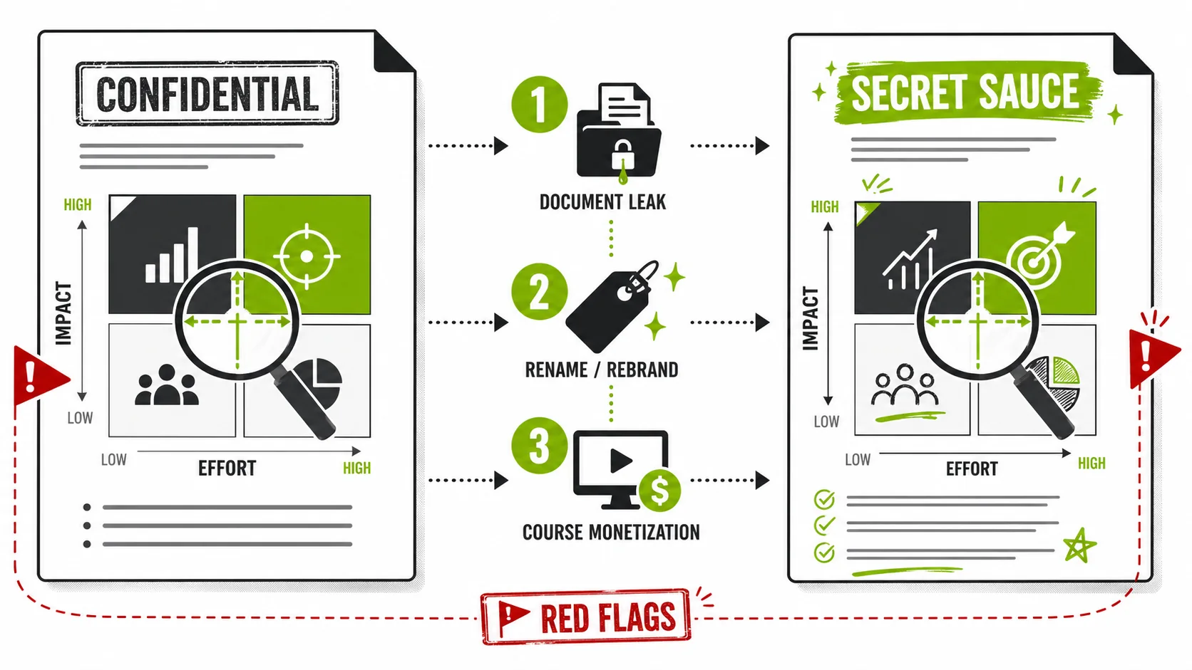 Screenshot of a side-by-side comparison on a forum like Reddit's r/Entrepreneur. The left panel shows a slide from a leaked PDF titled 'Bain & Co. - SMB Digital Maturity Matrix 2025 (CONFIDENTIAL).' The right panel shows an almost identical graphic from a guru's sales page, now branded as 'The Founder's OS: Digital Dominance Framework.'