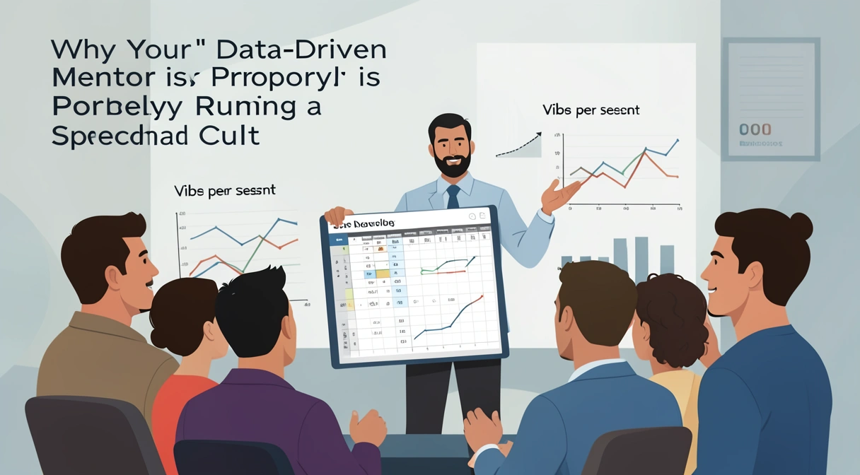 A person in a hoodie stares with reverence at a glowing spreadsheet, while shadowy figures in suits pour Kool-Aid into beakers labeled 'KPIs'.