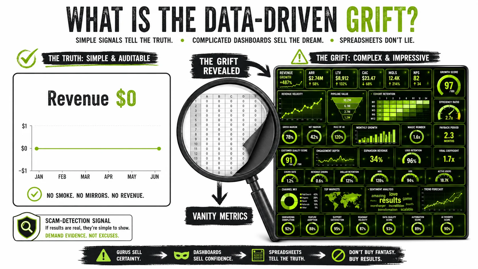 A split-screen comparison: on one side, a simple graph showing 'Revenue: $0'. On the other, a dizzyingly complex dashboard with 20 gauges, all in the green.