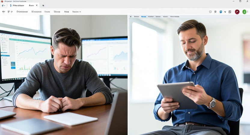 A founder looks exhausted, surrounded by monitors showing conflicting charts, while a smiling guru points at a single 'Synergy Score' gauge.