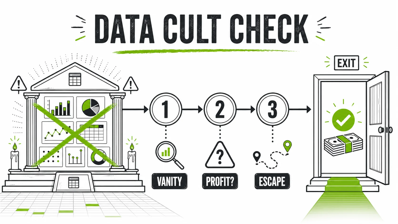 A flowchart titled 'Is Your Mentor a Data Cult Leader?' with questions like 'Does their dashboard have more than 5 colors?' and 'Do they get angry when you ask about profit?'
