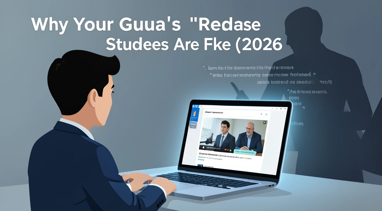 A person looking at a glowing laptop screen showing a suspiciously perfect 'client testimonial' video, with a shadowy AI figure manipulating the text in the background.