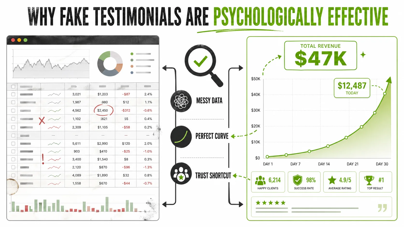 A split-screen comparison: on the left, a blurry, authentic-looking screenshot of a messy Google Sheets dashboard. On the right, a pristine, AI-generated graphic showing a perfect exponential revenue curve.