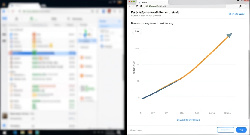A split-screen comparison: on the left, a blurry, authentic-looking screenshot of a messy Google Sheets dashboard. On the right, a pristine, AI-generated graphic showing a perfect exponential revenue curve.