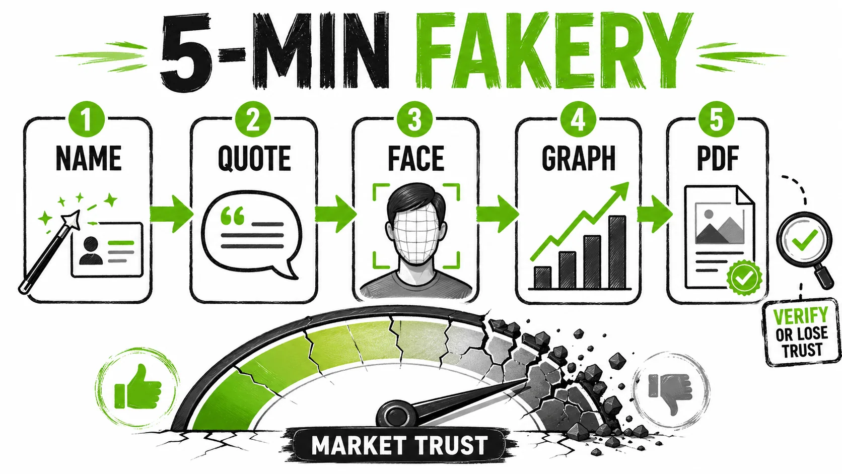 A flowchart titled 'The 5-Minute Fakery Framework' showing simple steps: 1. Generate business name (AI), 2. Write testimonial (AI), 3. Create headshot (AI), 4. Make graph (Canva), 5. Publish (PDF).