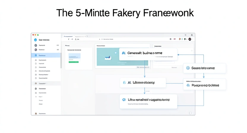A flowchart titled 'The 5-Minute Fakery Framework' showing simple steps: 1. Generate business name (AI), 2. Write testimonial (AI), 3. Create headshot (AI), 4. Make graph (Canva), 5. Publish (PDF).
