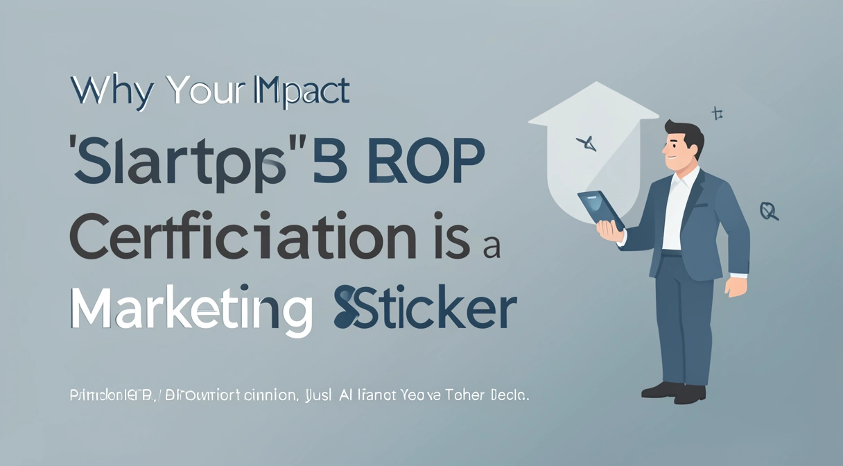 A satirical illustration of a sleek, modern office. A founder in a Patagonia vest points proudly to a large B Corp logo on the wall. Behind them, a factory window shows smokestacks billowing pollution, and a worker is depicted as a tiny, faceless cog in a machine.